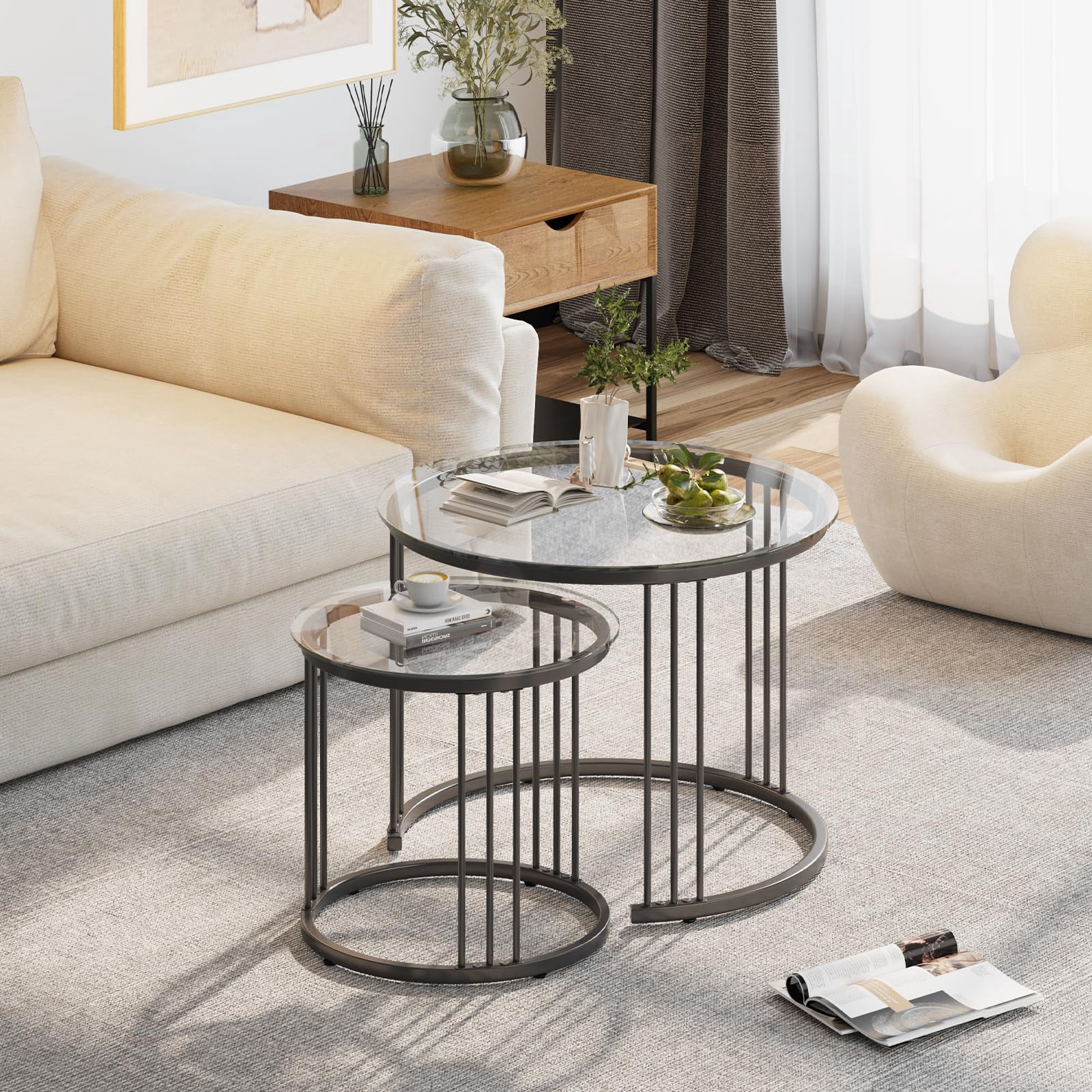 Nesting Coffee Table, 23.6" Round Coffee Table Set of 2, Glass Nesting Table with Metal Frame, Ceter Tables for Living Room Bedroom Balcony, Black