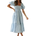 thumbnail image 3 of ZXSXSY Women Plaid Square Neck Elastic Chest Puff Sleeve Open Back Ruffled Midi Dress, 3 of 5
