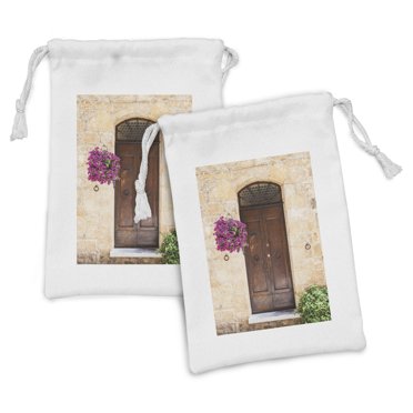 Italian Fabric Pouch Set of 2, Rusty Wood Door Flowers in Italy Town Nostalgic Building, Small Drawstring Bag for Toiletries Masks and Favors, 9" x 6", Cream Lilac Brown, by Ambesonne