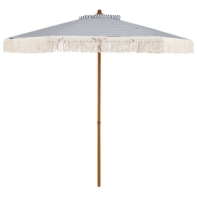 Costway 7FT Patio Umbrella with Fringe Sun-Protective Polyester Canopy, Cute Beach Umbrella Blue + White + Natural