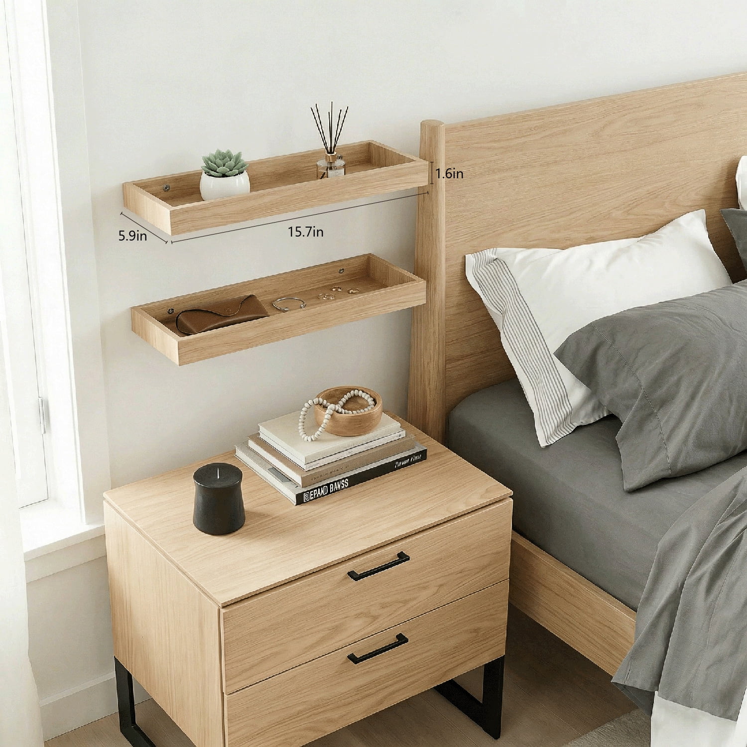 Mifurn 15.7" Floating Shelves for Wall, with Raised Lip, Set of 2, Oak