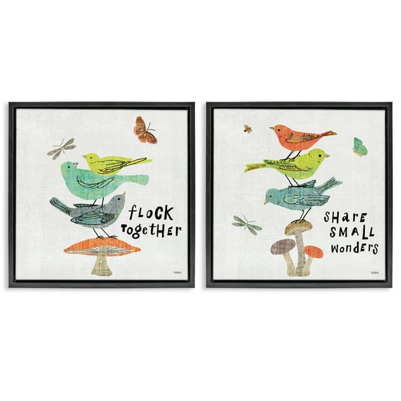 Stupell Industries Flock Together Share Birds Animals Painting Black Floater Framed Canvas Art Print Wall Art, 18 x 18, Set of 2