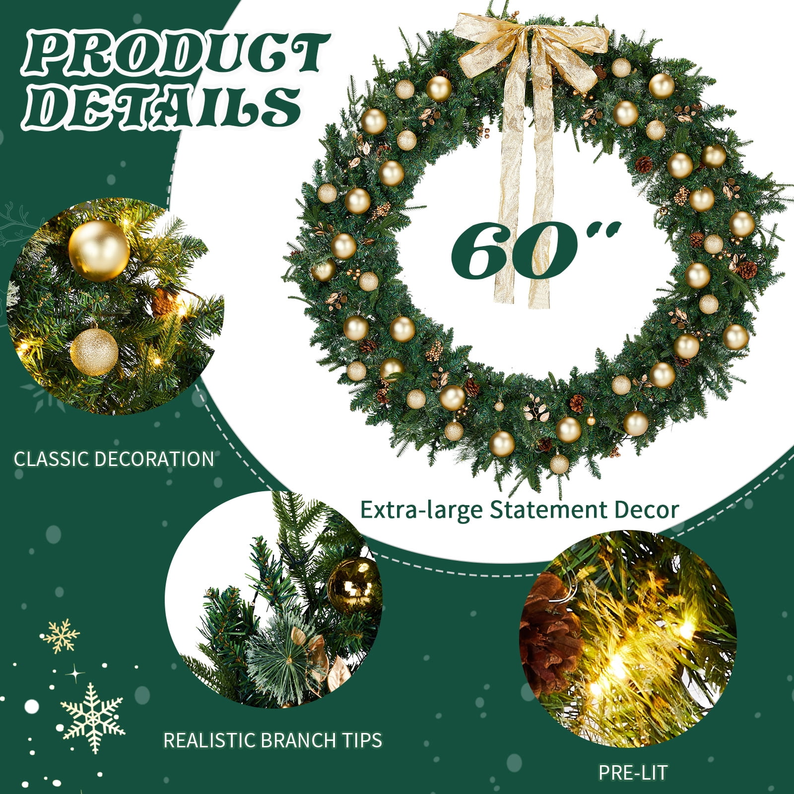 60in Lighted Artificial Christmas Wreath with Remote Control 8 Modes