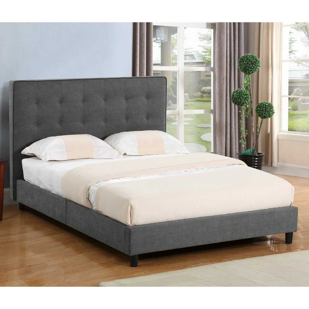 Alla Dark Grey Upholstered Platform Bed with Dimples and Stitching