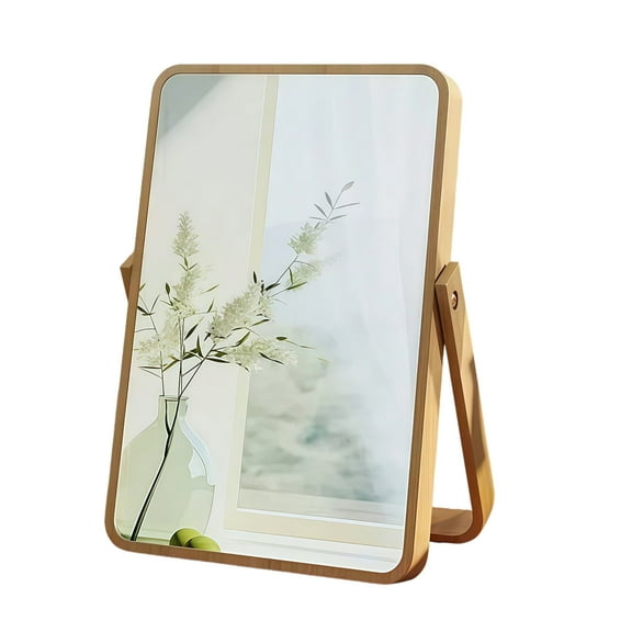 Natural Bamboo Mirror Vintage Wood Table Vanity Makeup Mirror Rectangle Standing 360 Degree Rotation Desk Mirror Decor for Living Room, Bedroom, Entryway
