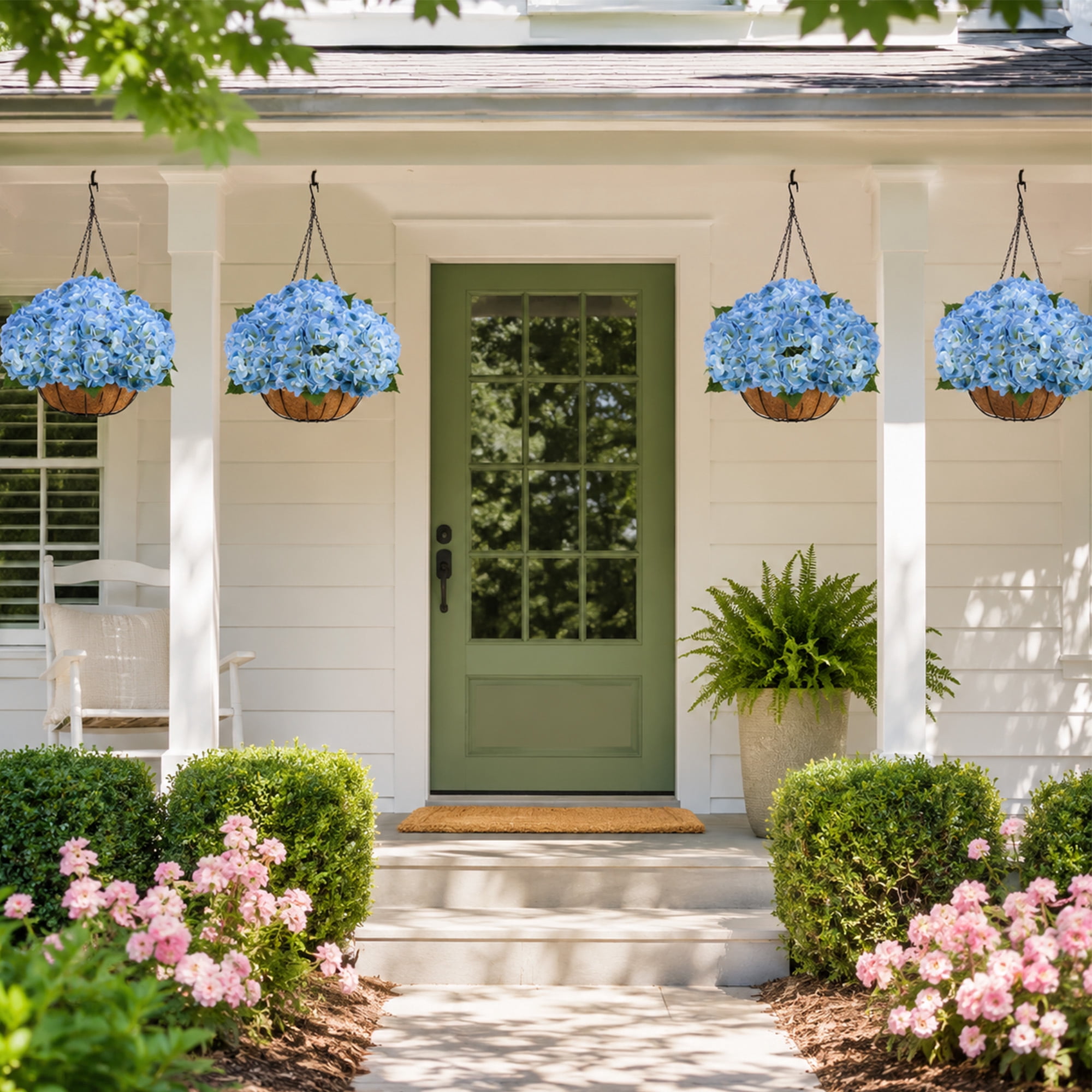 RosyHaven 2Pack Hanging Hydrangea Artificial Flowers with Real Touch Large Bule Hydrangea Flowers,Outdoor Faux Flower Hanging Basket for Spring Summer Porch Balcony Yard Garden Patio Home Decor