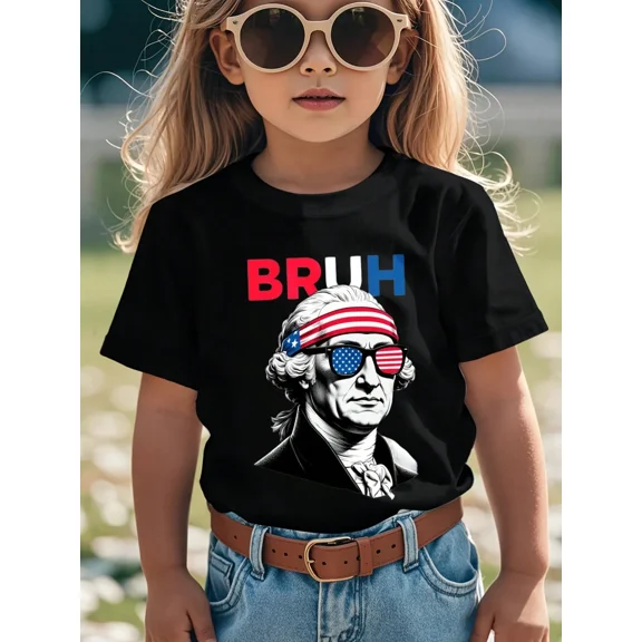 children’s wear Funny George Washington Bruh Kids T-Shirt Retro Patriotic American Flag Sunglasses Graphic Tee for Boys and Girls