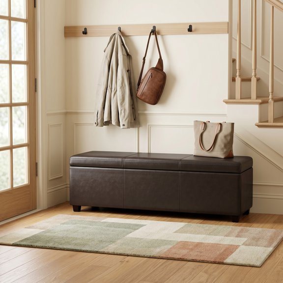 Simpli Home Avalon 54" Contemporary Faux Leather Storage Bench in Tanners Brown