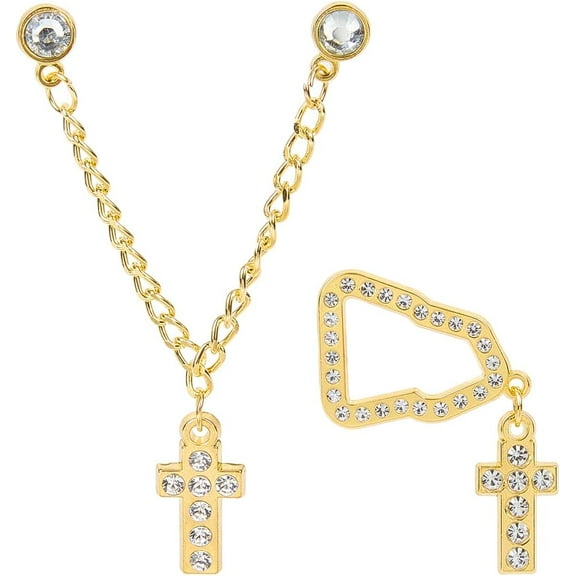 2Pcs 2 Styles Cross Alloy Enamel Hanging Chain Brooches Baseball Hat Pin Decoration with Rhinestone Golden 37x39x3mm