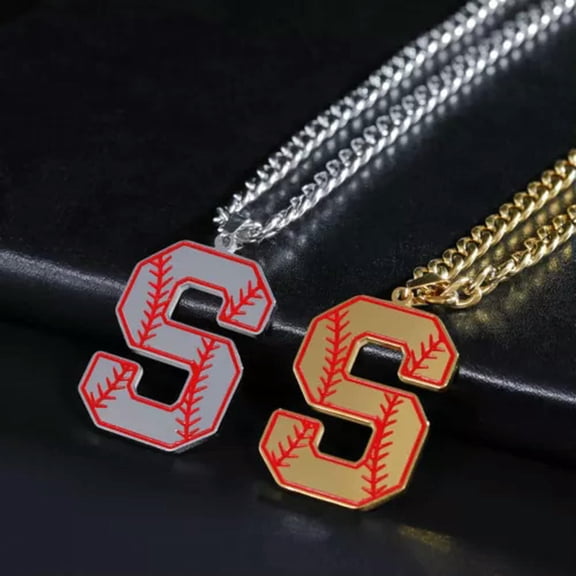 EOEMY Baseball Initial A-Z Letter Pendant Necklace Cuban Chain Stainless Steel Jewelry