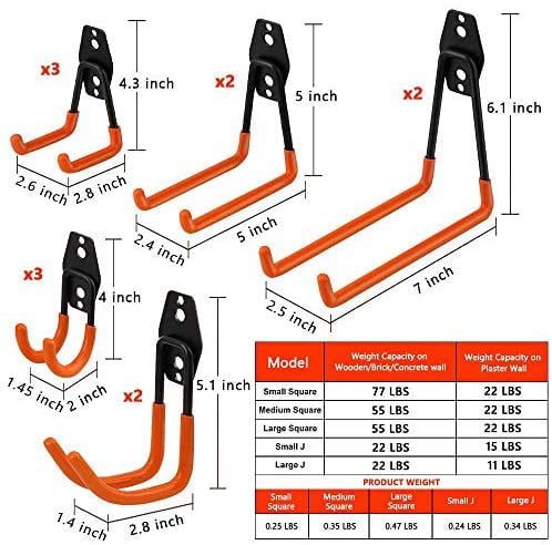 Heavy Duty Steel and Rubber Garage Hanging Hooks for Organizing Power Tools and Equipment Wall Mounted Double Hooks Steel Storage and Utility Garage Hooks Garage Hooks and Hangers 10-Pack 