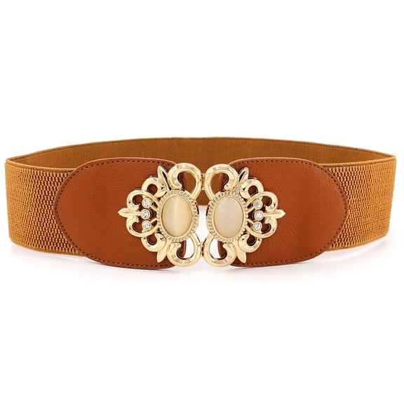Women's Elastic Waist Belt with Rhinestone & Gem Decorative Buckle, Wide Stretch Waist Cincher