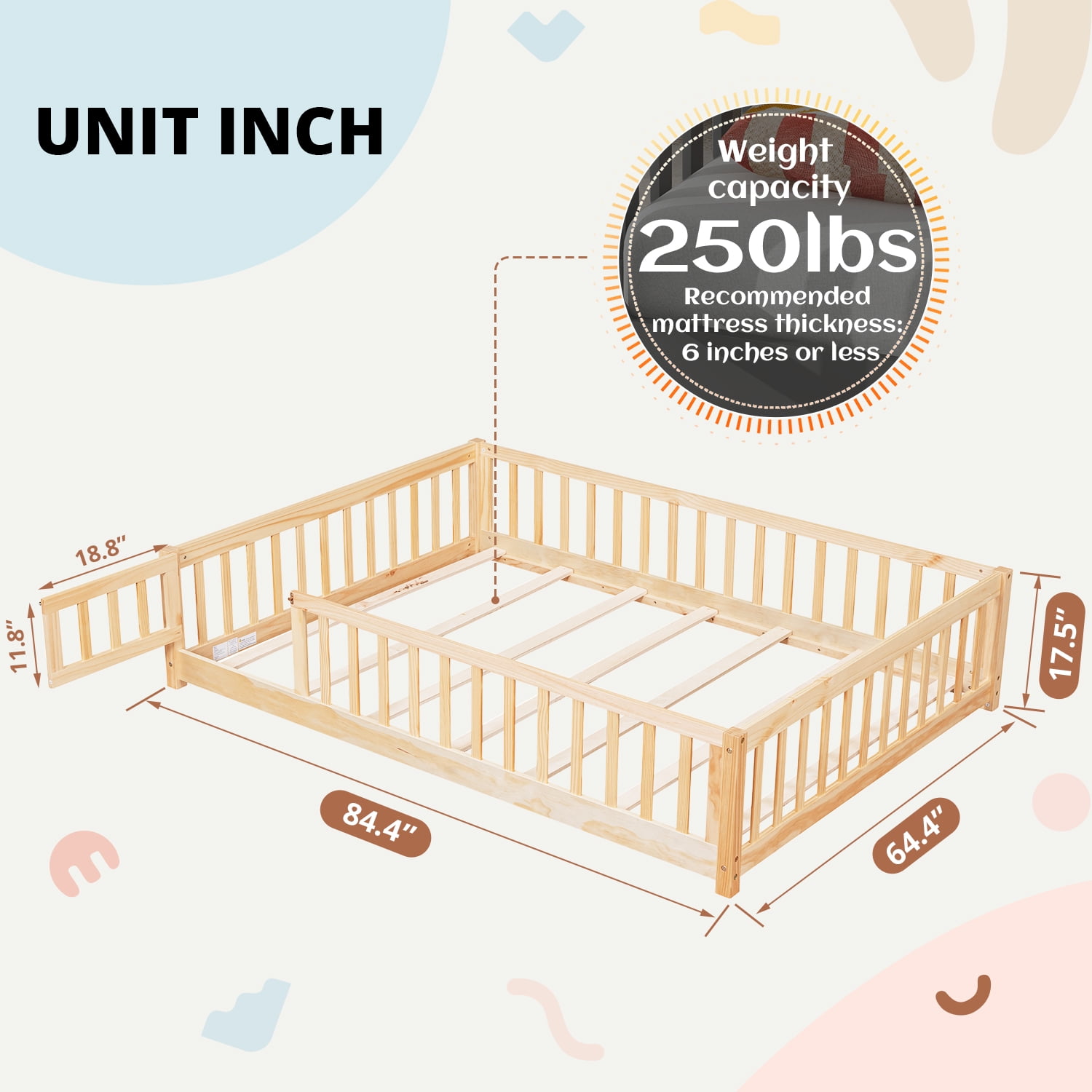 Queen Floor Bed for Kids, Sturdy Wood Montessori Bed Frame with Wood Slats, Fence & Door, Montessori Floor Bed for Girls and Boys, Natural (with Bed Slats)