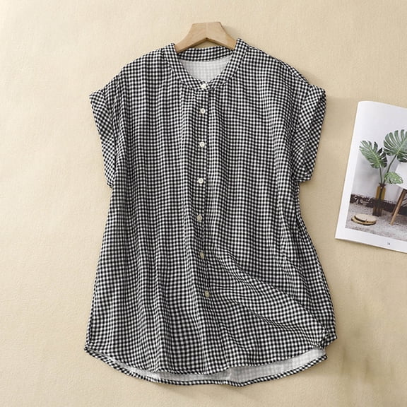 Gamivast Linen Shirts for Women Short Sleeve Stripe Loose Fitted Stand Collar Casual Blouses Beach Vacation Solid Color Going out Tops Summer outfits