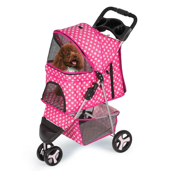 Dog Stroller for Dogs and Cats, Foldable Pet Jogger Stroller with Cup Holders, Cat Stroller w/Bottom Storage for Pets up to 33 lbs, Polka Dots