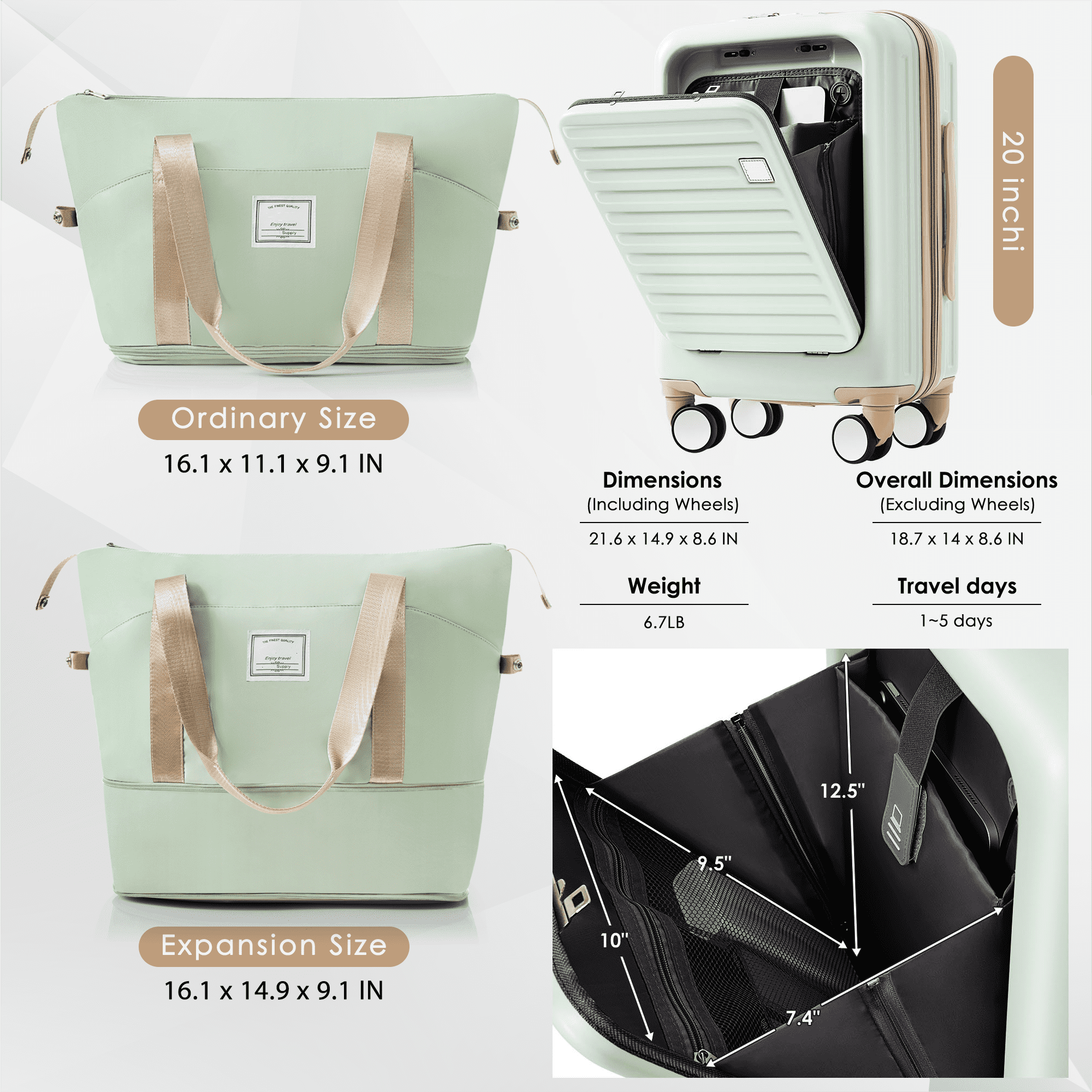 Euroco Luggage Sets Front Opening,20" Carry-On Luggage with Expandable Travel Bag,USB Port,Cup Holder,TSA Lock and Spinner Wheels,ABS Hardshell Suitcase Set,Grey Green