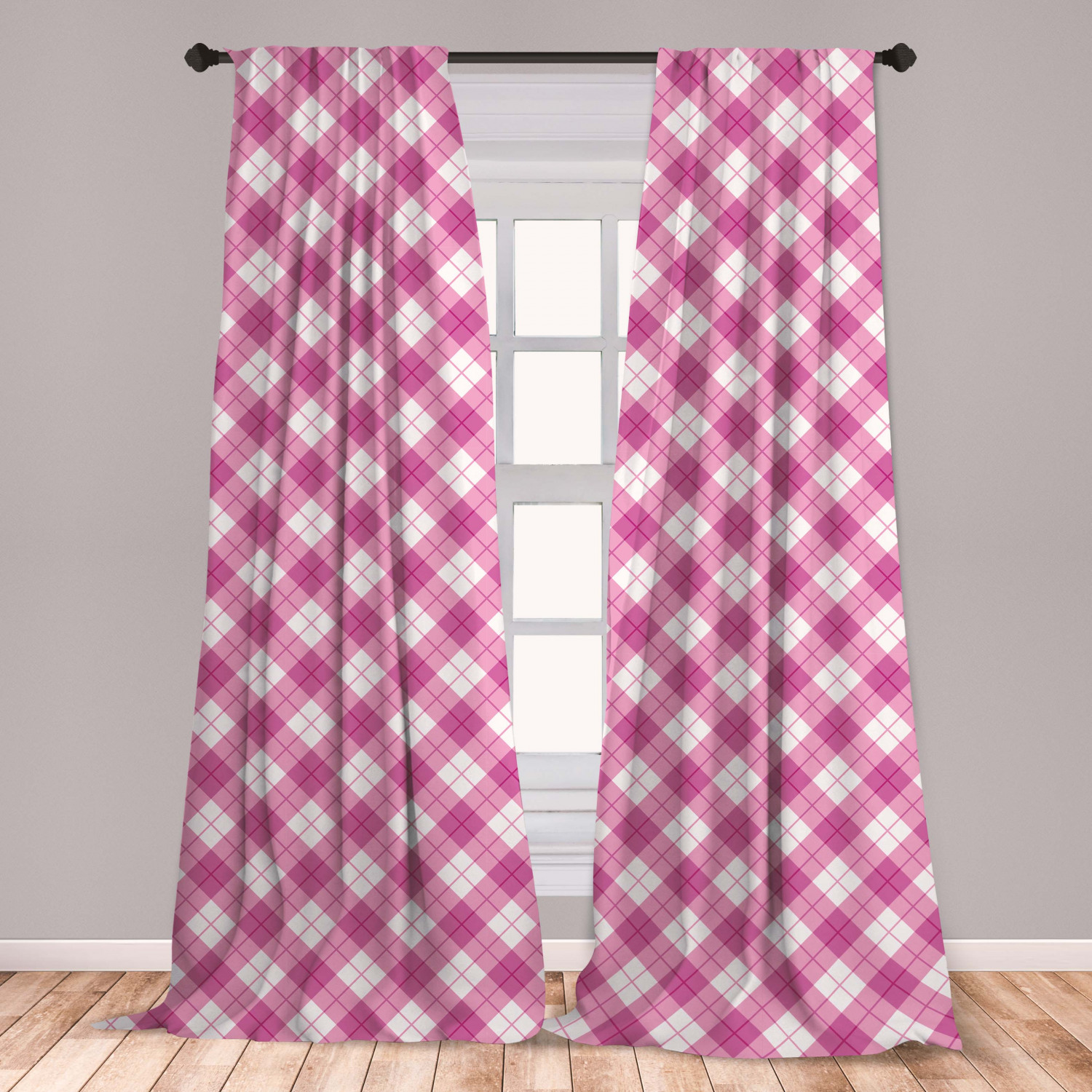Abstract Curtains 2 Panels Set, Geometric Diagonal in Pastel Color Girls Style Checked Design
