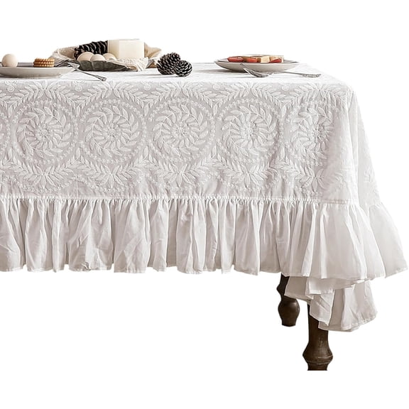 Vintage Ruffle Tablecloth for Square Tables,Farmhouse Embroidered Cotton White Lace Table Cloth Cover Dr for Dining Room Wedding Banquet Thanksgiving Christmas,51"*51"
