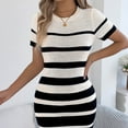 thumbnail image 6 of FRSASU Women Short Sleeve Striped Dress Round Neck Spring Summer Comfy Knit Sweater Dresses Slim Fit Spring Fall Fashion Soft Clothes White, 6 of 9