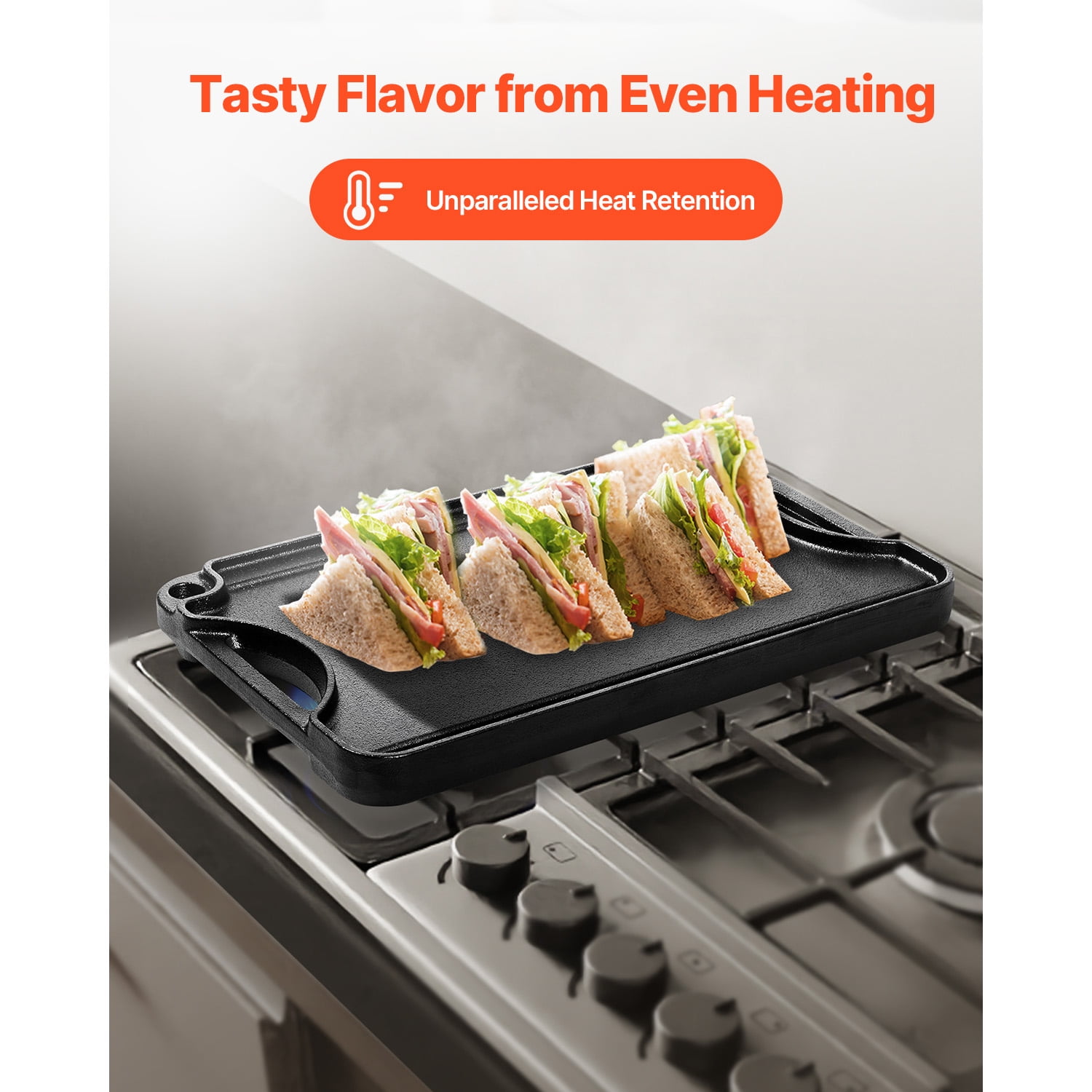 KFFKFF Switchable Grill/Griddle, Cast Iron Pan of 14x8.5 inch, Pre-Treated, Compact Square Pan with Grip, Household Utensils for Indoor/Outdoor Cooktop, Gas, Campfire Barbecue, Color - Black