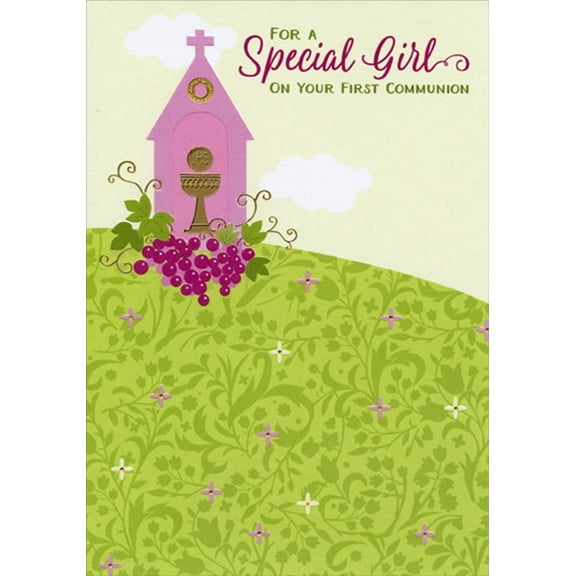 Designer Greetings Pink Church on Hill 1st / First Communion Card for Girl
