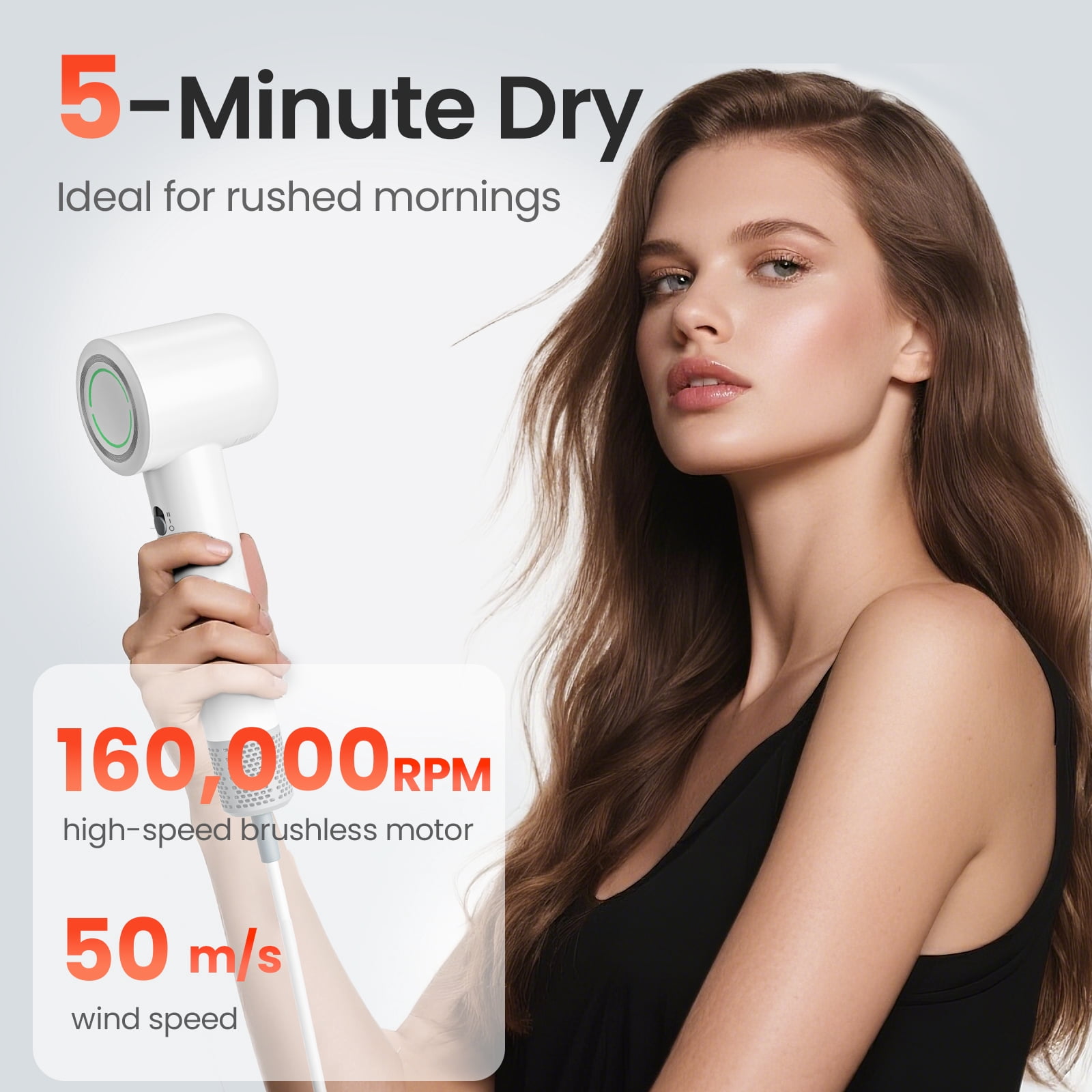 Hair Dryer, 160,000 RPM High-Speed Ionic Blow Dryer with Brushless Motor for Fast Drying, Thermo-Control Lightweight Hairdryer with Magnetic Nozzle, 4 Temps & 2 Speeds, Low Noise for Home & Travel