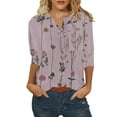 thumbnail image 1 of ZMHEGW T Shirts For Women Loose Fit Flower Printing Buttons O Neck Three Quarter Sleeve Tops Blouse Women'S Tshirts, 1 of 5