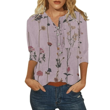 

Womens Casual Fashion Flower Printing Buttons O Neck Three Quarter Sleeve Tops T Shirt Blouse Scrub Shirts