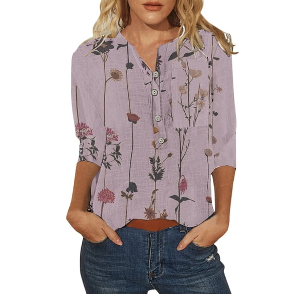 ZMHEGW T Shirts For Women Loose Fit Flower Printing Buttons O Neck Three Quarter Sleeve Tops Blouse Women'S Tshirts