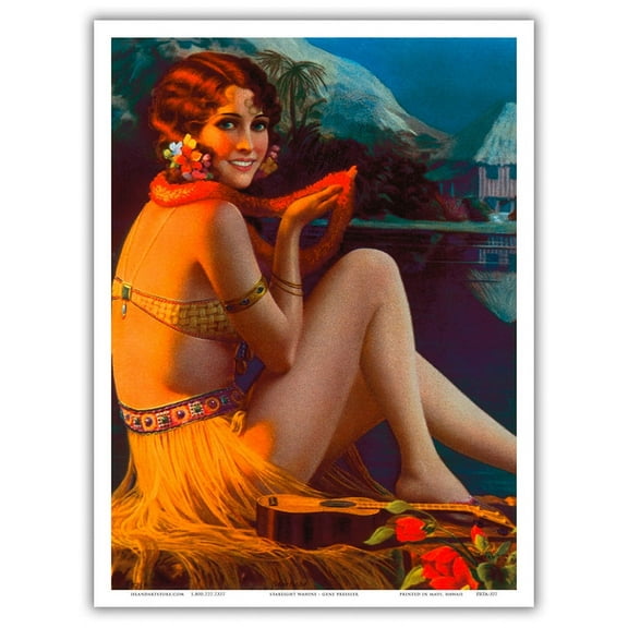 Starlight Wahine - Hawaiian Pin Up Girl - Vintage Pin Up Girl Print by Gene Pressler c.1930s - Master Art Print (Unframed) 9in x 12in