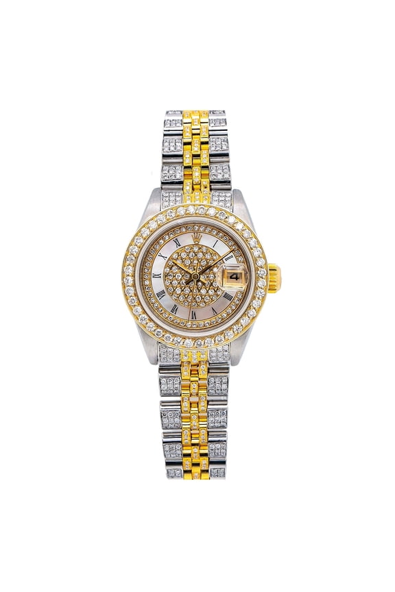 Pre-Owned Rolex Datejust 26MM 69173 Diamond Paved Mother of Pearl Roman Dial Diamond Bezel Two Tone Yellow Gold Full Diamond Jubilee Bracelet 5.25ct