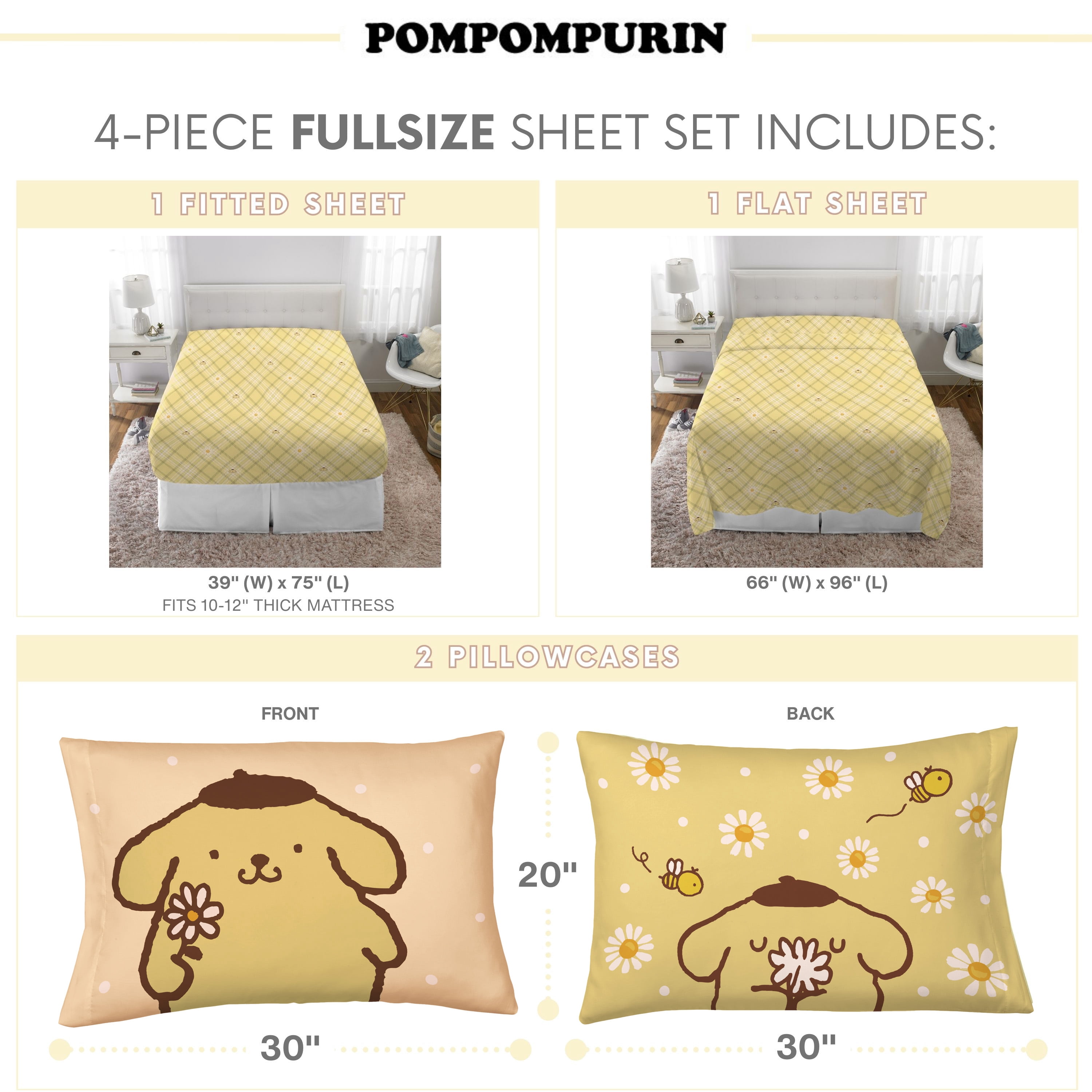 Pompompurin 4 Piece Yellow Gingham Print Sheet Set, Full, Sanrio