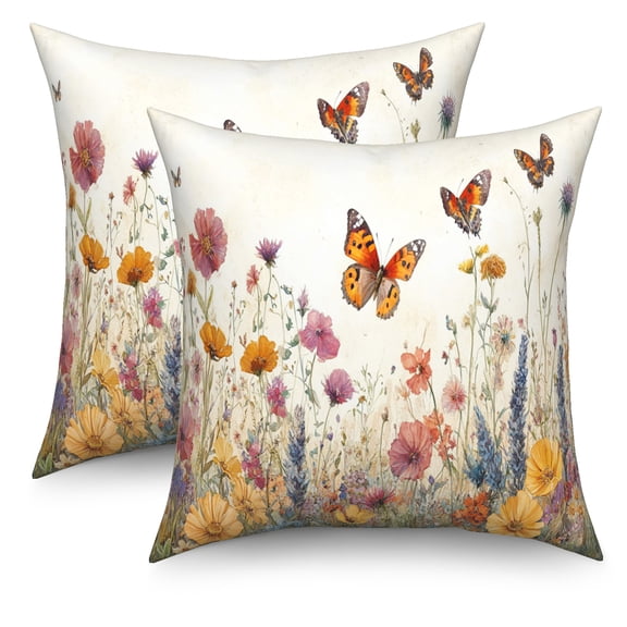 Spring Summer Throw Pillow Covers 18x18 Set of 2,Flowers Butterfly Pillowcase Cushion Cover for Couch Sofa Bed