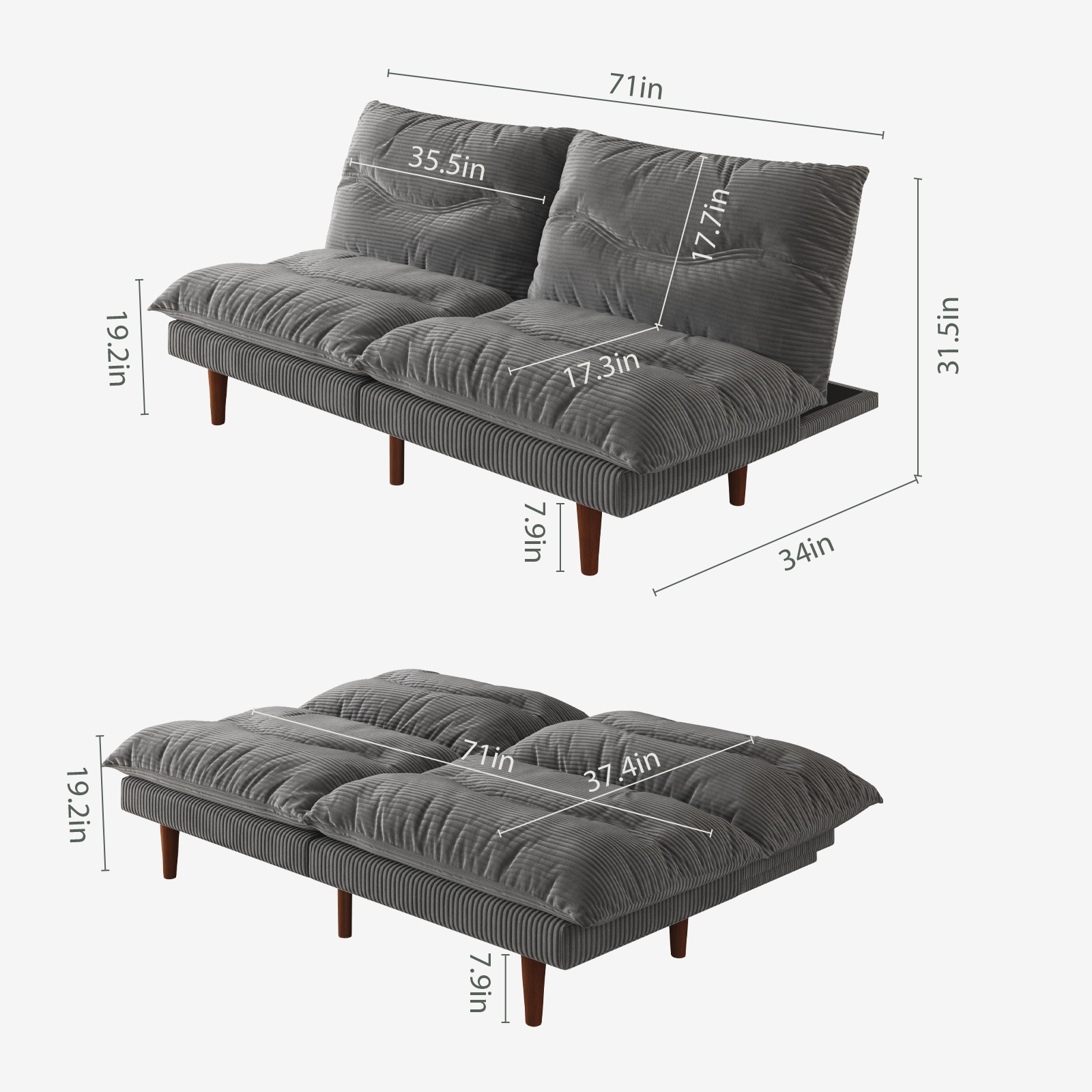 LLappuil 71" Corduroy Futon Convertible Sofa Bed, Loveseat Sleeper Sofa Couch for Living Room Apartment Gray