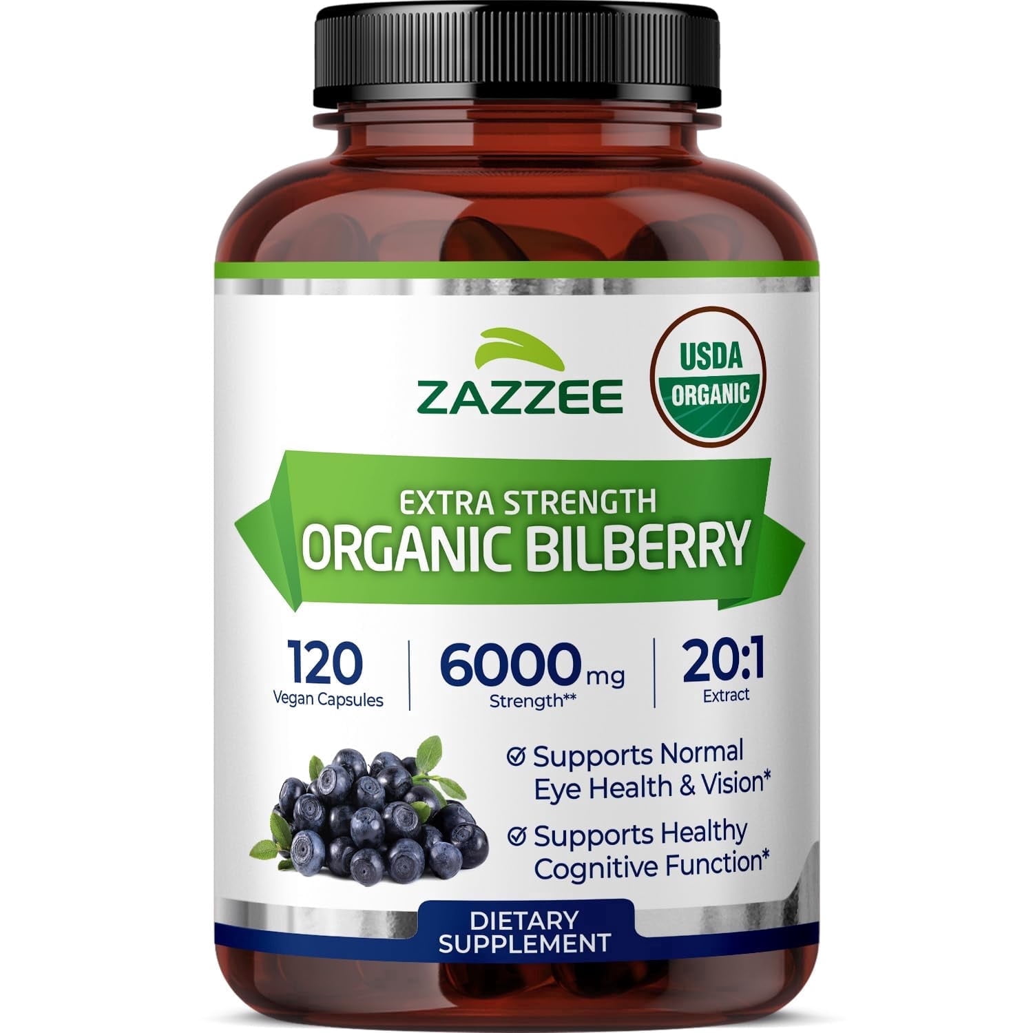 Zazzee USDA Organic Bilberry Supplement, 6000 mg Strength, 20:1 Extract, 120 Vegan Capsules