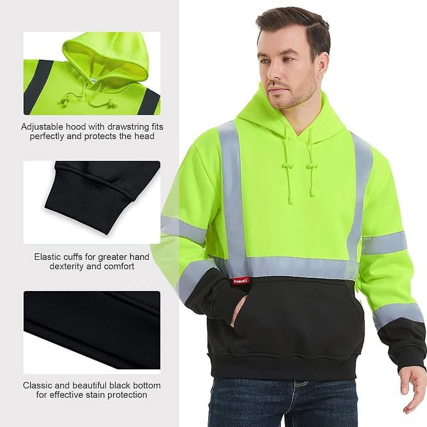 ProtectX Hi Vis Safety Hoodie for Men Women, Class 3 Reflective High Visibility Sweatshirt with Large Pocket, Long Sleeve Hooded Drawstring Pullover for Work & Construction, Green, X Large