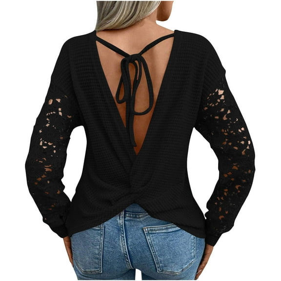 Hvyesh Womens Knitted Cover-Up T-Shirt Dressy Lace Up Backless Shirt Long Sleeve Tops Lightweight Tunic Sweaters