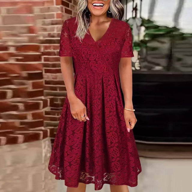 Gspmoly Robes pour Femmes Grande Taille, Robe à Col en V de Printemps/été pour Femmes, Mode Décontractée, Unie, en Dentelle, à Manches Courtes, Robe de Cocktail, Offres