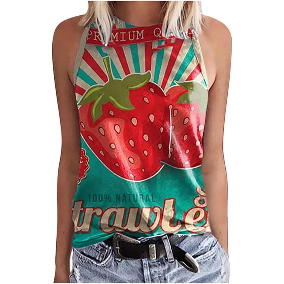 Womens Sleeveless Summer Tops O Neck Print Sleeveless Vest Tops
