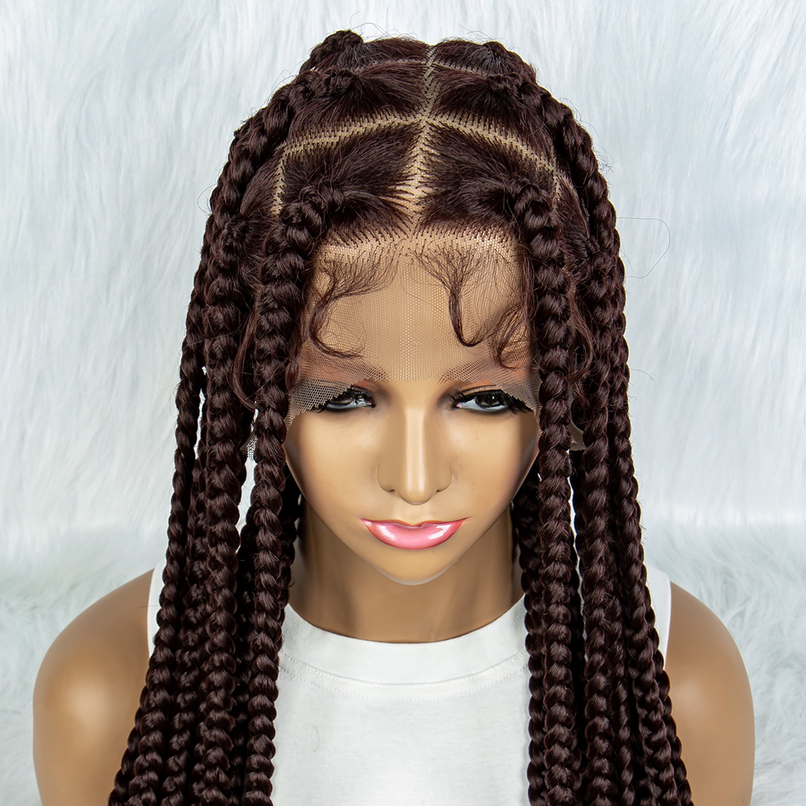 Full Lace Cornrow Braids Synthetic Lace Front Wig Dark Brown 36 Inches Big Square Knotless Box Braids Wig with Baby Hair Braided Wigs for Black Women