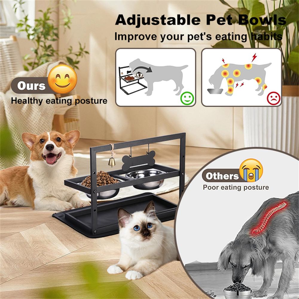 Double Bowl Stainless Steel Pet Bowl Stand For Cats And Dogs Metal Feeder With Mat And Bell Food And Water Bowls For Pets
