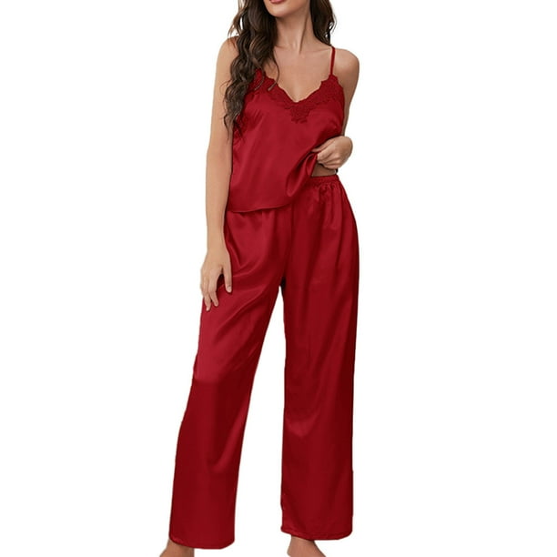 Gibobby pijamas a juego Pijama de encaje 2023 para mujer, conjuntos de camisón de encaje, lencería de satén, camisón, conjuntos de pijama para dormir, conjuntos de pijama (Rojo, L)