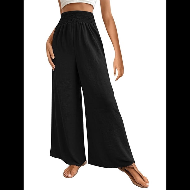 Pantalones Palazzo de para Mujer, de Pierna , Estilo Bohemio, de Cintura Alta, Informales, para Estar en Casa, para Vacaciones en la Playa. Negro M
