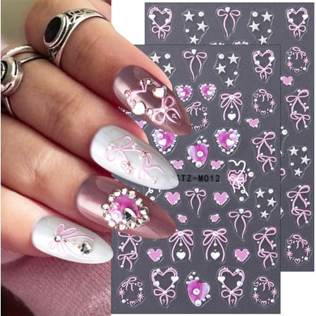 VALENTINE Nail Stickers 2 Sheets 3D Self Adhesive Heart Nail Art Decals with Bow for Women Girls