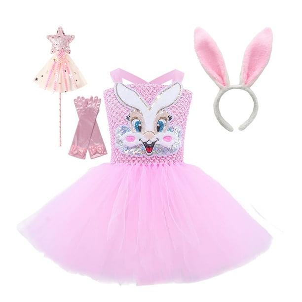 Vestido de Pascua para niñas pequeñas, vestido tutú de tul de conejo bonito con orejas rosadas, disfraz de conejito de Cosplay para bebés y niños, fiesta de carnaval de cumpleaños 120(6-7T) Gao Jinjia LED