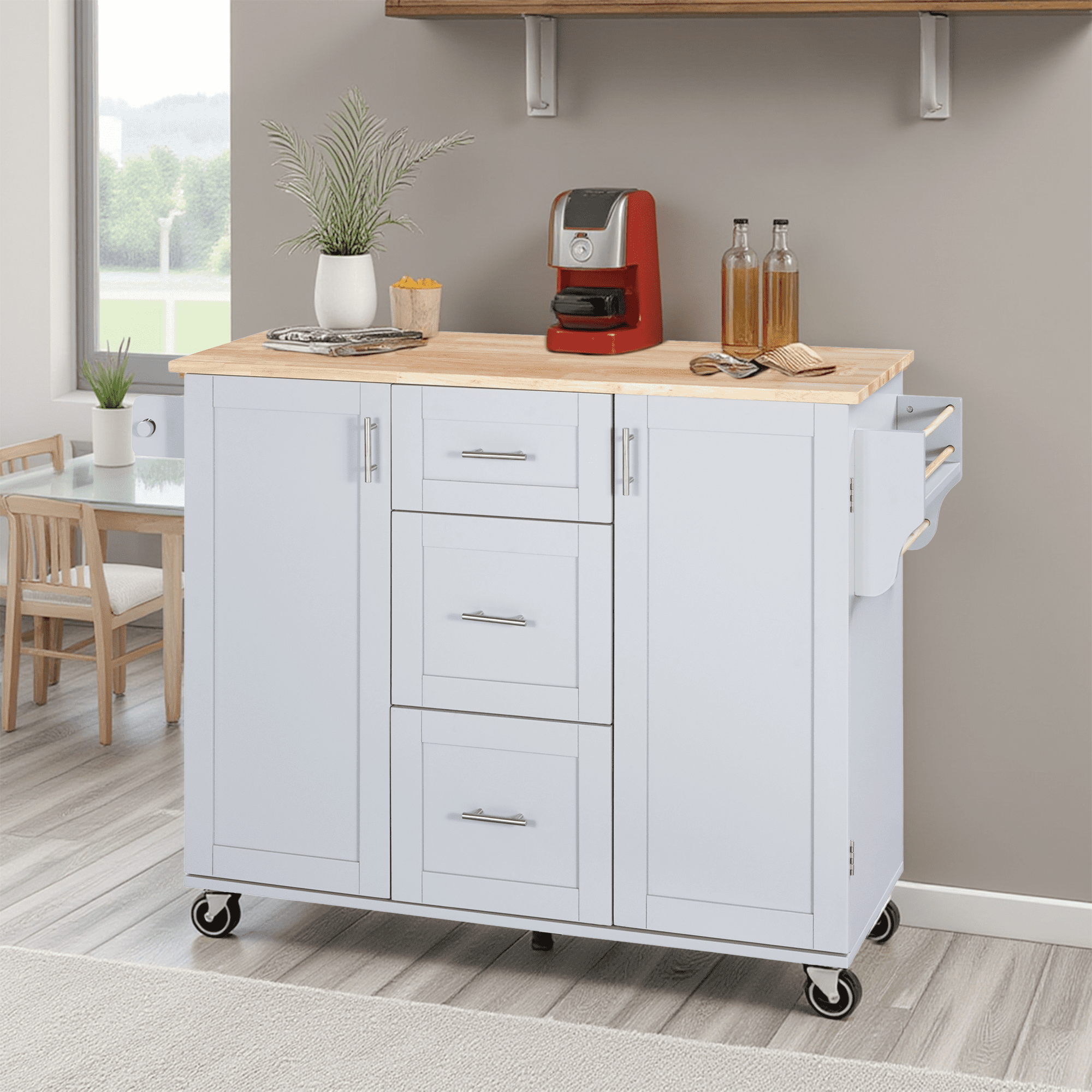 MAYEERTY Kitchen Island on 5 Wheels - Storage Cabinet & 3 Drawers for Dining Room, White