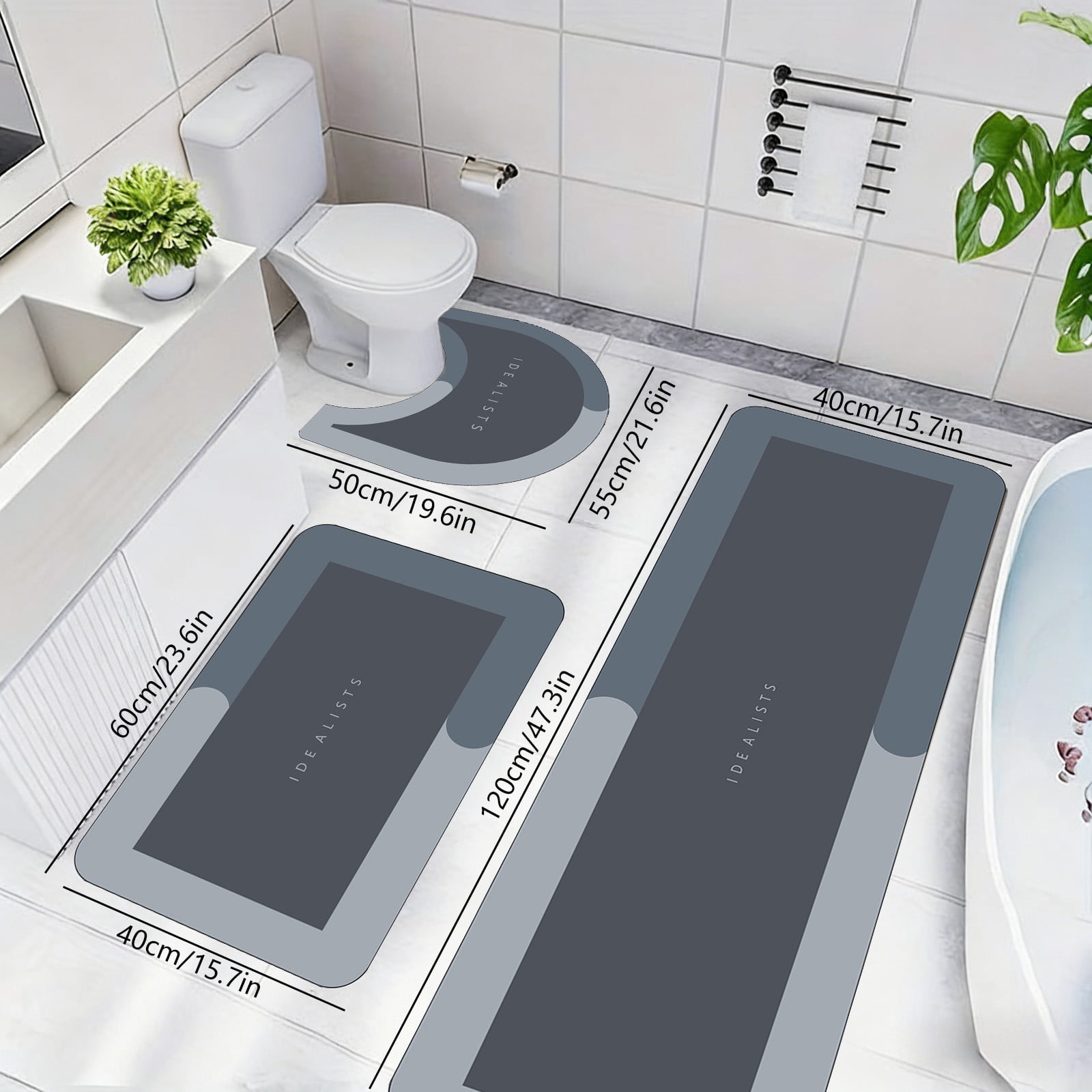 AuroraX Stone Bathroom Rug Set 3 Piece with Blue Absorbent Non Slip Rubber-Backed Diatomaceous Earth Bath Mat Long Rug Runner U-Shaped Toilet Rug Quick Dry Washable Bath Rug Set for Shower,Home Decor