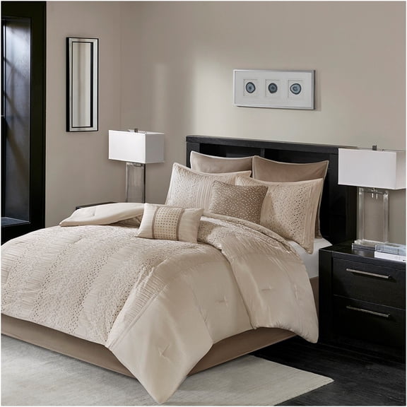 JERFIT 8-Piece Beige Embroidered Comforter Set California King Bedding, Luxury Faux Silk Geometric Design with Bed Skirt & Shams