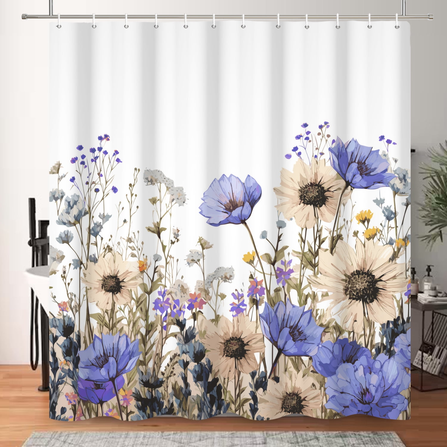 SUNOLIFE Spring Floral Shower Curtain,Purple Flowers Waterproof Polyster Bathroom Curtain,72x72 in