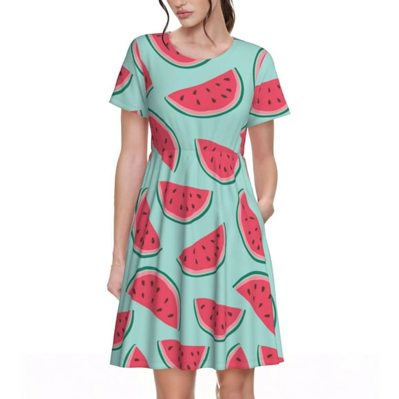 Kdxio Watermelon Print Women's Casual T Shirt Dress Summer Short Sleeve Swing Dresses with Pockets